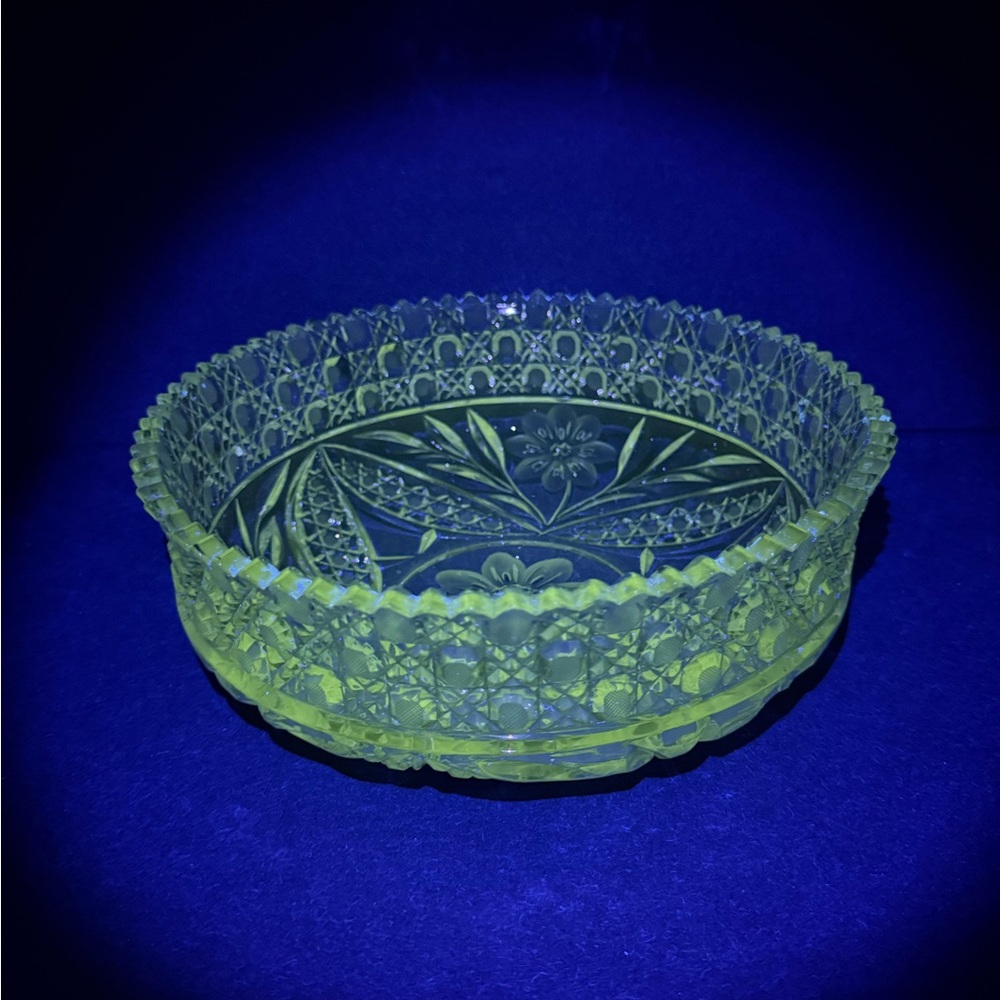 Uranium Glass Floral Cut Glass Bowl - Yellow-Green Decorative Bowl UV reactive!